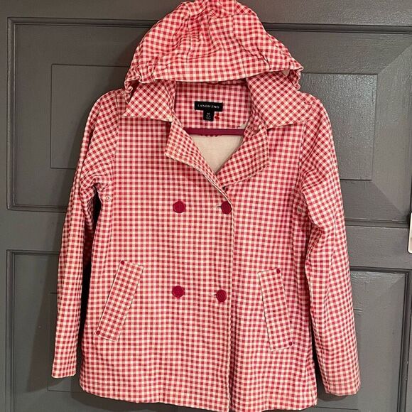 Lands End Kids Girls Gingham Red & White Hooded Rain Coat Sz M Preowned - Picture 2 of 11